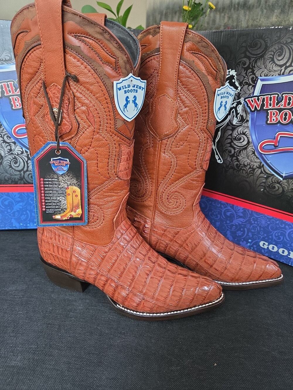 Wild West Men's Genuine (Original) Caiman Tail J Toe Boots - Cognac Us6